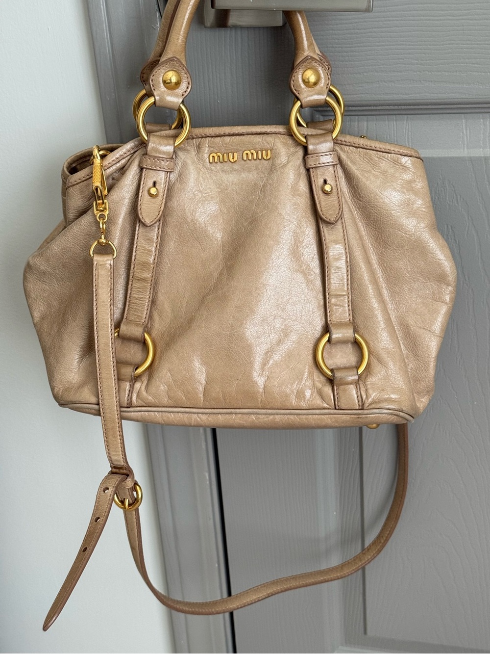 Miu Miu Vitello Shine Cammeo Leather 2-Way Satchel Bag RN0685 Gold Hardware